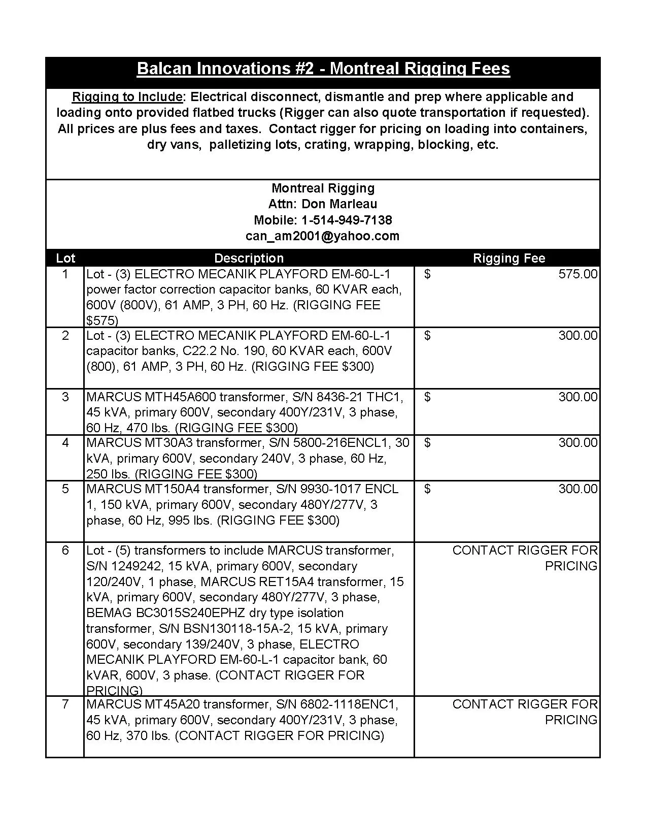 Exclusive Rigging Fees